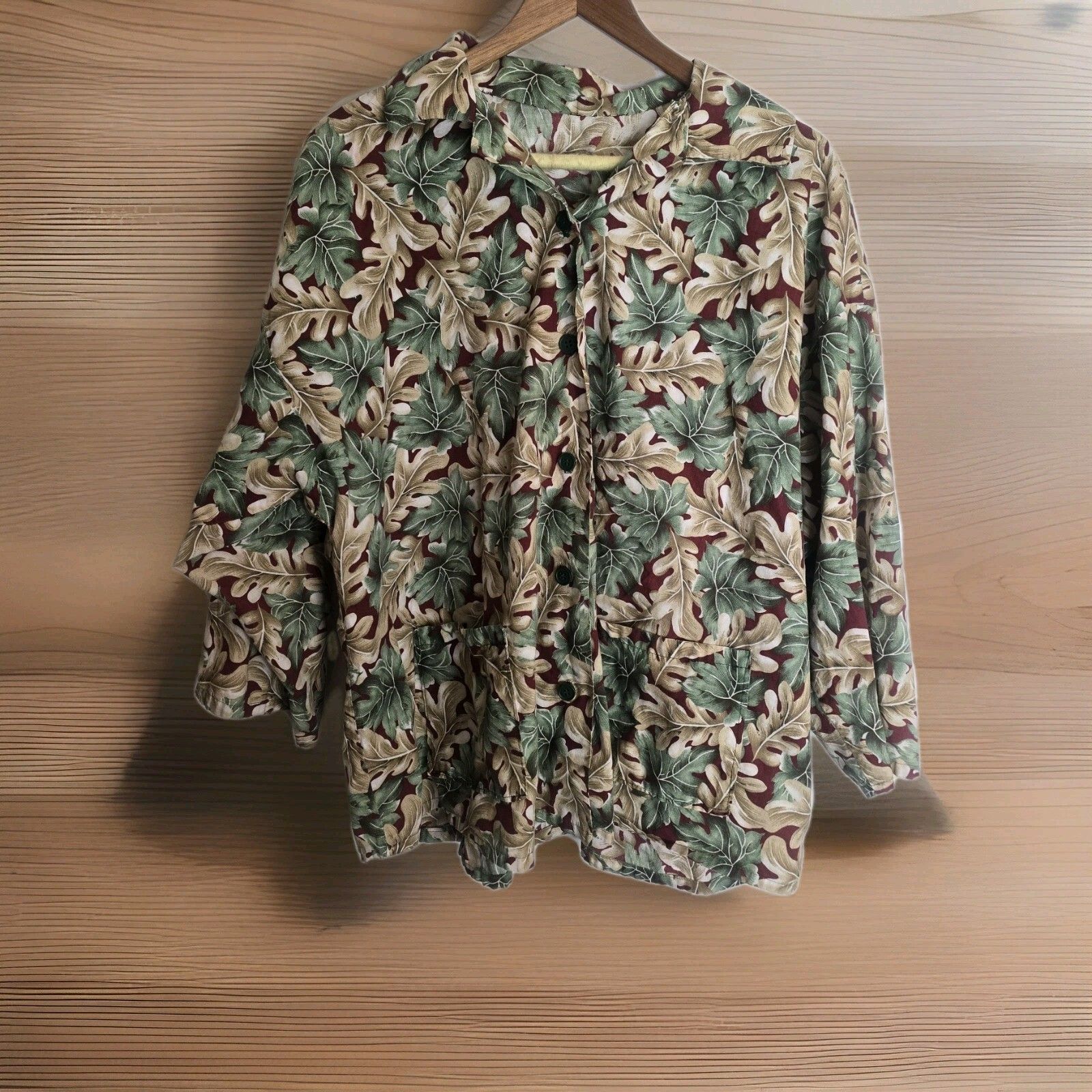 Vintage Handmade Blouse Plus Size Women 2x Leaf Print Button Up Pockets Top